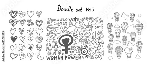 A set of doodle signs of feminism, women s rights, set of hot air balloons and hearts. Hand drawn vector icons of Feminism protest symbols, icons for 8 march. A rally to fight for voting rights. Sky