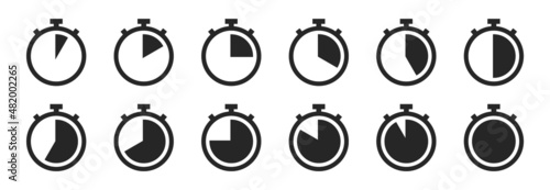 Timer and stopwatch icons. Time clock, watch pictograms. Vector. Chronometer stopping hour, minute, second symbols.Illustration of speed countdown and intervals, alarm set.