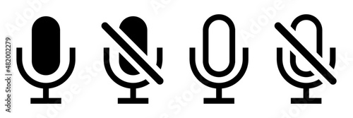 Icons of microphone, voice record, radio. Vector mike, mic symbols of live podcast, audio. Retro vocal speaker buttons of broadcast, interview, karaoke isolated. Classical micro with mute, volume off