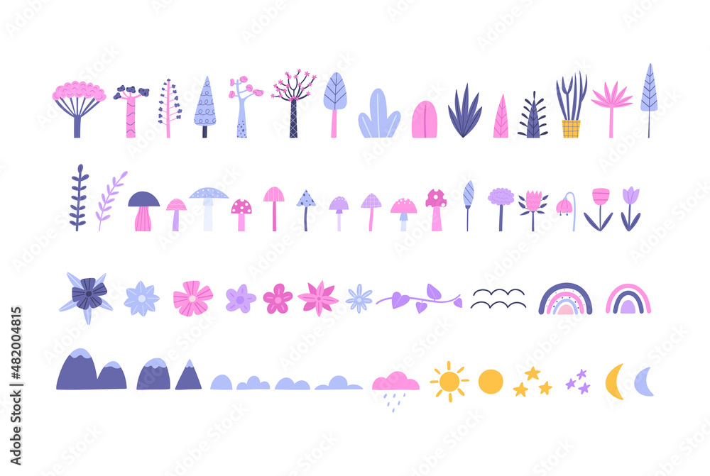 Hand-drawn nature elements and plants vector illustration