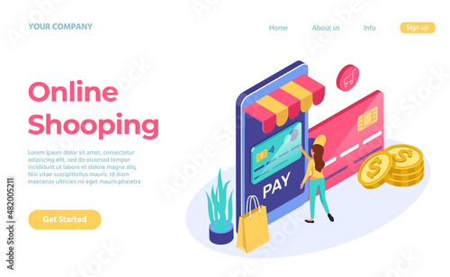 Landing page online shopping isometric 3d style. Vector online business isometric store, internet shop and e-commerce illustration
