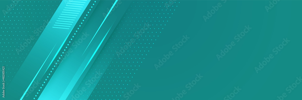 Technology global tosca wide banner design background. Abstract 3d banner design with dark green technology geometric background. Vector illustration
