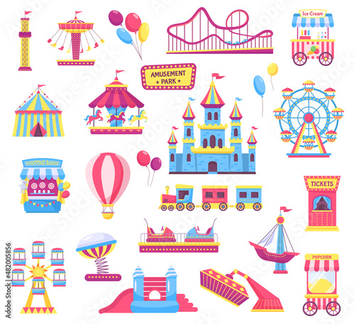 Amusement park elements, castle and attraction, shooting range. Vector amusement park, castle and carousel, rollercoaster entertainment illustration