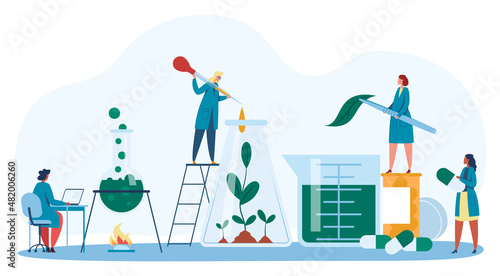 Scientists examining green plant using lab tools. Vector research laboratory plant, scientist lab experiment illustration