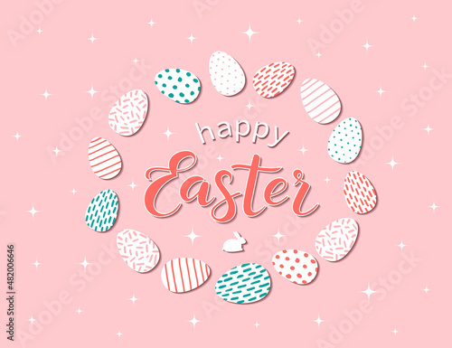 Religious holiday greeting card. Happy Easter lettering. Vector illustration for invitation, poster, card, flyer, cover, banner, placard and brochure. Congratulations on a religious holiday