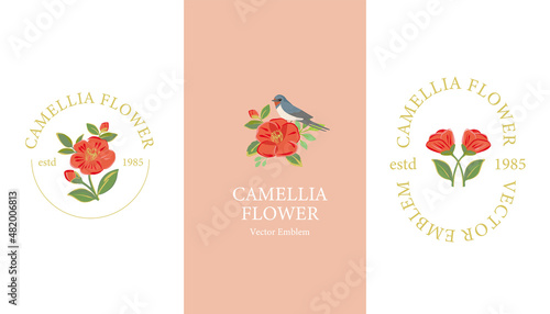 Quadro su tela Red camellia flowers vector emblem design template set