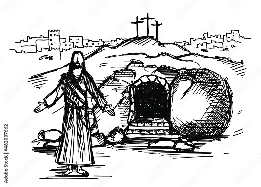 Empty tomb of Jesus Christ. Crucifixion on Calvary. City of Jerusalem