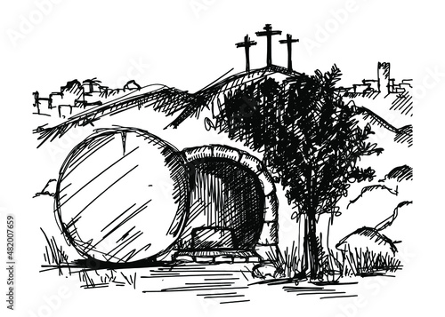 Empty tomb of Jesus Christ. Crucifixion on Calvary. City of Jerusalem. Easter sketch.
