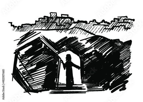 Empty tomb of Jesus Christ. Crucifixion on Calvary. City of Jerusalem. Easter sketch.