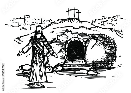 Empty tomb of Jesus Christ. Crucifixion on Calvary. City of Jerusalem. Easter sketch.