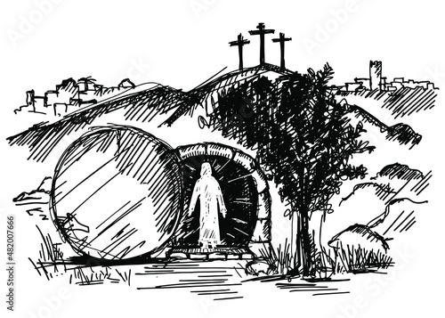 Empty tomb of Jesus Christ. Crucifixion on Calvary. City of Jerusalem. Easter sketch.