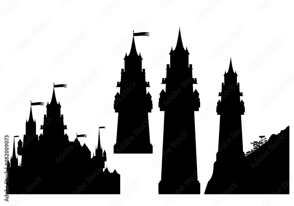 fairy tale medieval castle with flags and detailed skyline - medieval fantasy fort tower black and white vector silhouette set