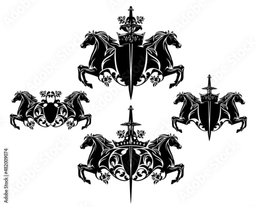 pair of beautiful horse heads with heraldic shield, royal crown and knight sword - medieval style fairy tale coat of arms black and white vector design set