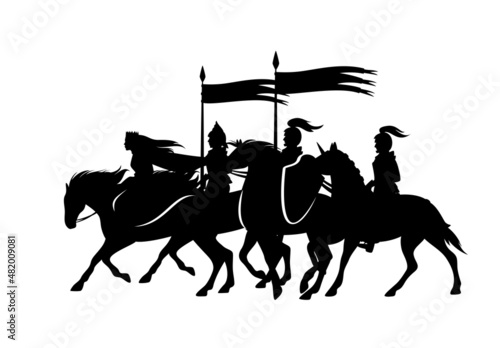 fantasy princess and guard knights riding horses with flying banners -  vector set of fairy tale medieval black silhouettes (all figures are editable separately)