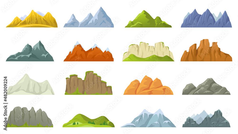 Cartoon mountains ridges, rock in green or ice. Vector rock ridge and cartoon hill illustration, ice mountain