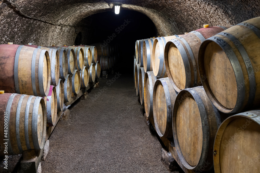 Wine cellars with barrels, traditional wine called Bikaver near Eger, Hungary Wine cellars with barrels, traditional wine called Bikaver near Eger, Hungary