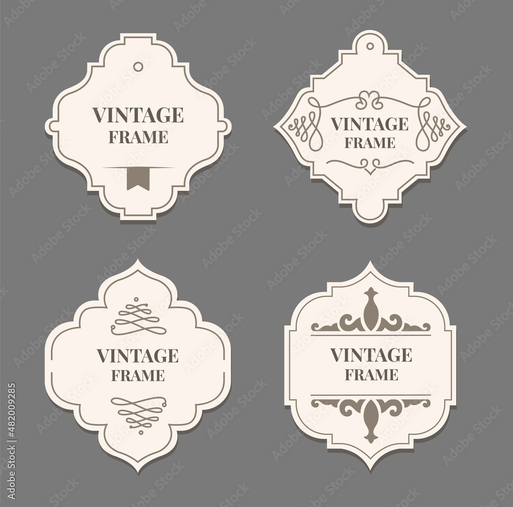 Old fashioned ornate labels stickers or vintage frame. Illustration of emblem decoration certificate, collection of victorian seal ornament vector