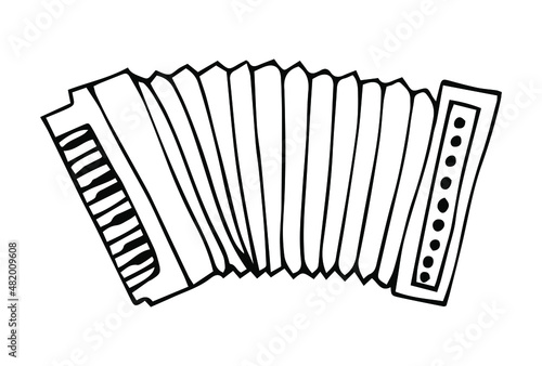 violin icon doodle haAged loud accordian squeeze box with keypad on light backdrop. Freehand line black ink hand drawn musical acordion squeezebox logotype emblem in artistic obsolete cnd drawn sketch