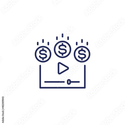 Video monetization, earn money for video content line icon