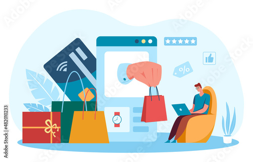 Shopping online, buy and pay remotely from home. Vector online payment, remote order and shopping illustration