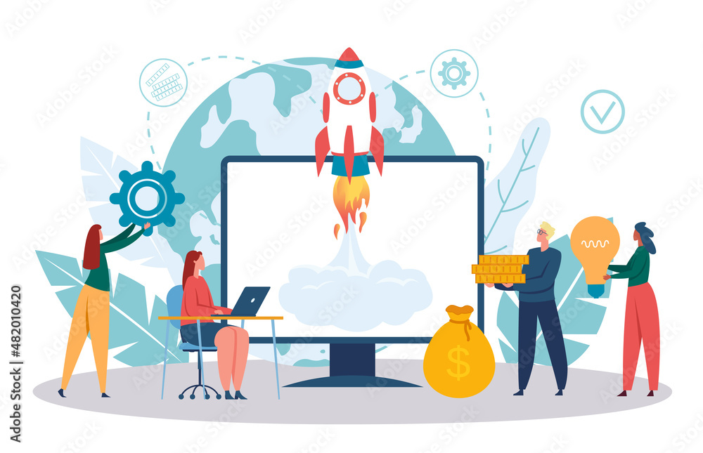 Launch business start up, successful team with idea and money. Vector business start with team, launch startup and development illustration