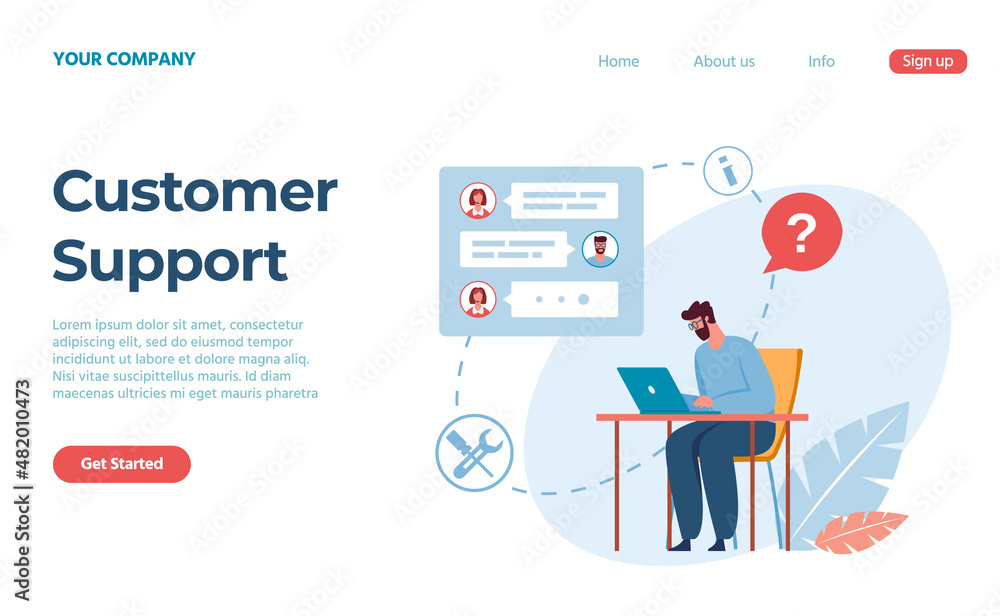 Customer support service, assistant to client landing page. Vector service support for customer, help call and assistant center illustration Customer support service, assistant to client landing page. Vector service support for customer, help call and assistant center illustration