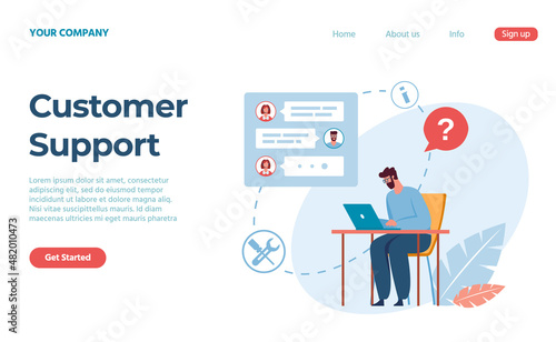 Customer support service, assistant to client landing page. Vector service support for customer, help call and assistant center illustration