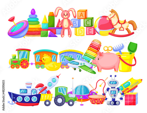 Kids toy piles, horse and rabbit for kindergarten. Vector pile toys for entertainment in childhood illustration, airplane and bear