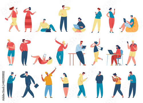 People using gadgets for enjoyable and working. Vector freelance sitting, online communication and enjoy, happy using gadget illustration