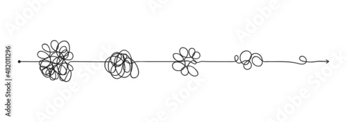 Simplifying complex problem concept, untangling chaotic arrow line. Simplification process, finding solution, tangled path with knots vector. Messy thoughts management and ideas clarity