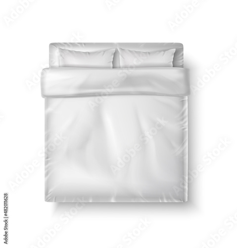 3d realistic vector icon. White bedsheets, top view of king size bed with two pillows and duvet.