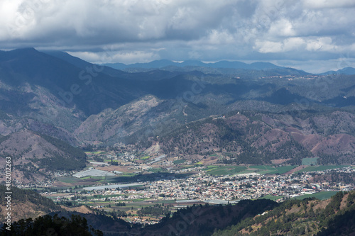 Dramatic image of the Caribbean mountain town of Constanza, Dominican Republic, taken from above.