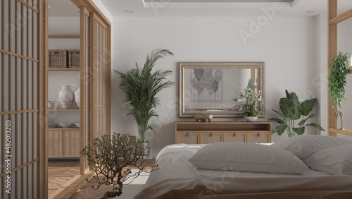 Minimalist bedroom in japanese style in white tones, parquet floor, double wooden bed with pillows and duvet, flowered bonsai, close up, sliding door, modern interior design