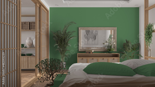 Minimalist bedroom in japanese style in white and green tones, parquet floor, double wooden bed, pillows and duvet, flowered bonsai, close up, sliding door, modern interior design