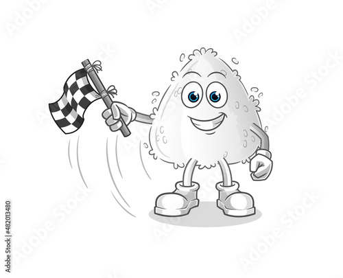 onigiri hold finish flag. cartoon mascot vector