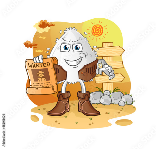 onigiri cowboy with wanted paper. cartoon mascot vector