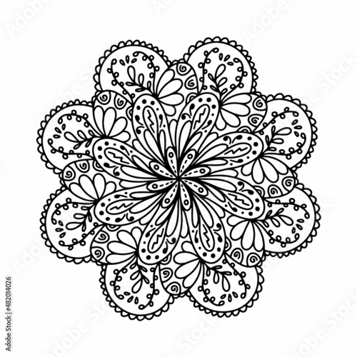 Floral vector mandala with flowers and leaves in doodle style isolated on white background. Funny coloring and cute illustration for seasonal design, textile, decoration kids playroom or greeting card