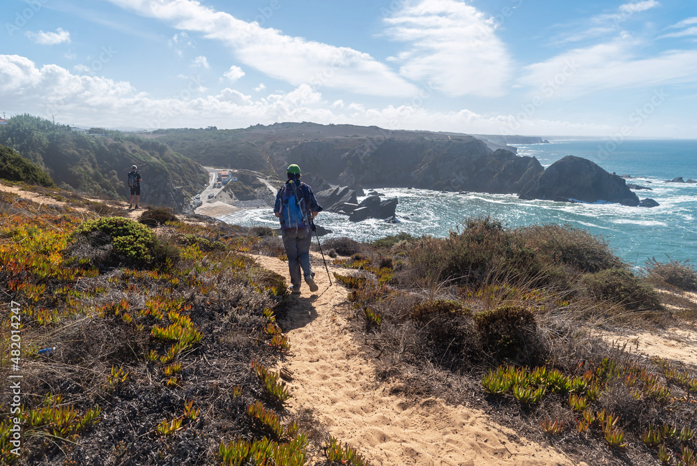 Hiker on the Vicentina Route. Azenha do Mar. Odemira