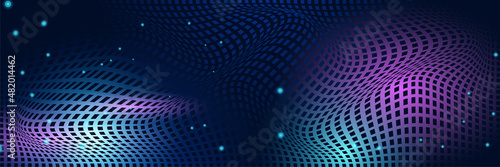 Abstract neon style blue wide banner design background. Abstract 3d banner design with dark blue technology geometric background. Vector illustration