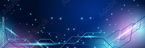 Abstract neon style blue wide banner design background. Abstract 3d banner design with dark blue technology geometric background. Vector illustration