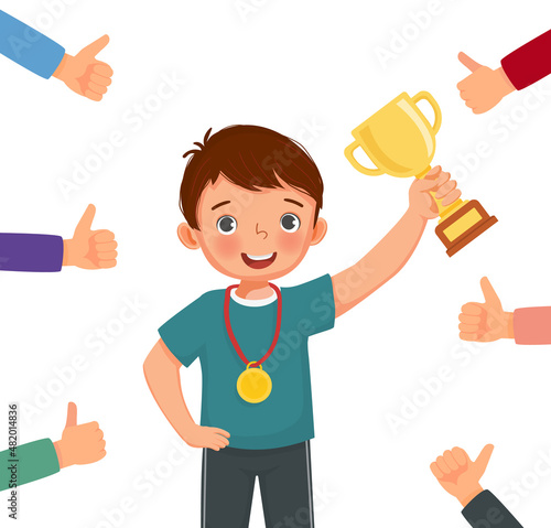 Happy success little boy holding medal and gold cup surrounded by many thumbs up getting public approval, positive feedbacks, appreciation, respect, recognition, honor and like gestures