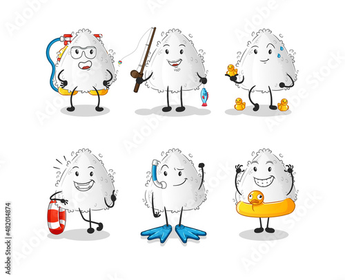 onigiri water activity group. cartoon mascot vector
