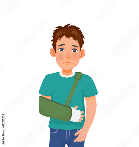 Sad young man with broken arm suffering from hand injury wearing hand splint with an arm sling 