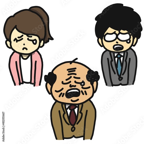 涙を流して悲しんでいる3人のサラリーマンのイラスト。