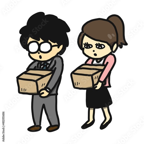 段ボール梱包された荷物を運んでいる会社員のイラスト。
