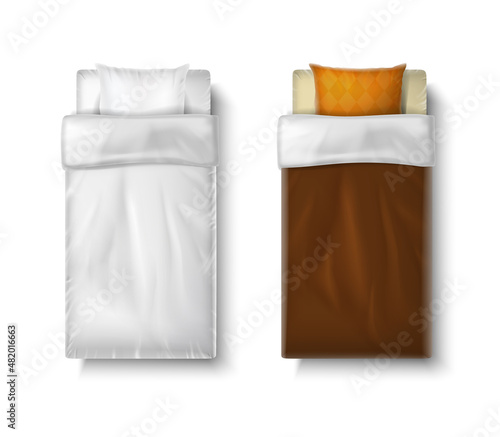 3d realistic vector icon set. Single bed frame with matress and duvet in white and brown color.