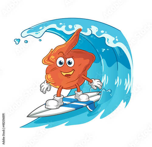 chicken wing surfing character. cartoon mascot vector