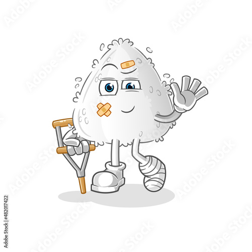onigiri sick with limping stick. cartoon mascot vector