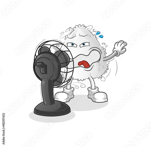onigiri in front of the fan character. cartoon mascot vector