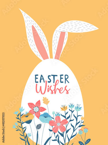 Happy easter rabbit egg spring flower cartoon card